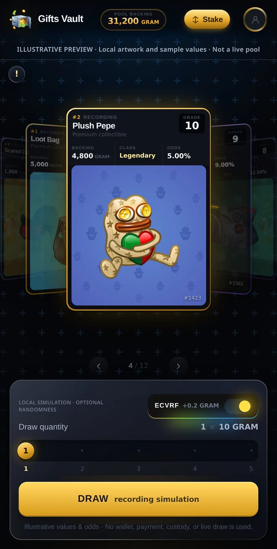 Gifts Vault pool showing a Plush Pepe gift and the draw panel